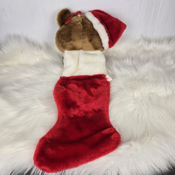 Vintage Smithy Plush Brown Teddy Bear Red Christmas Stocking 3D Head 21” - Picture 7 of 11